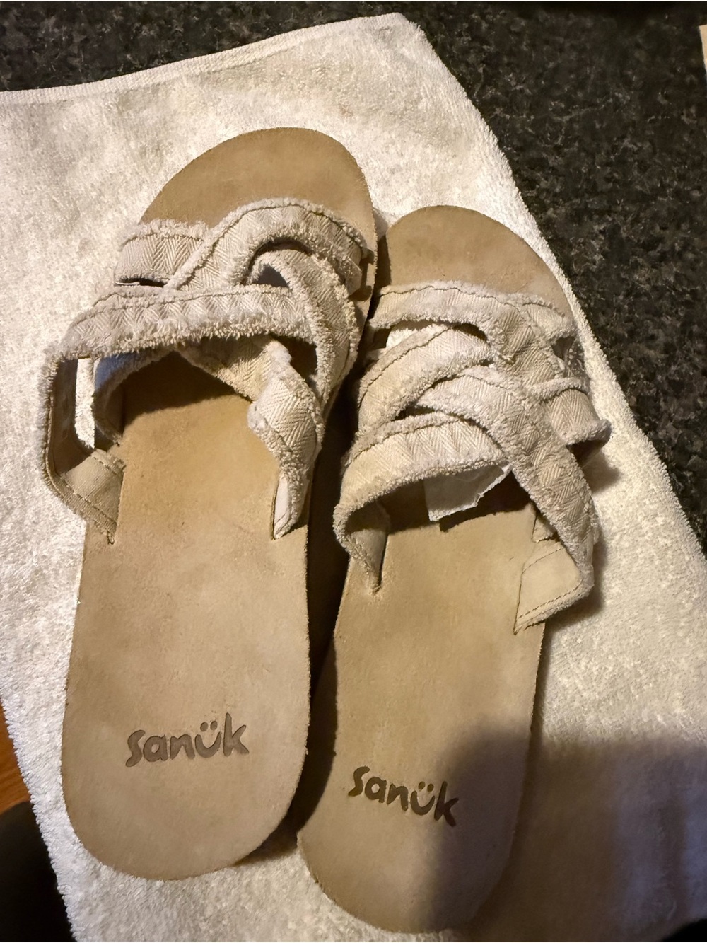 Sanuk Women's Tan Frayed Woven Strap Slide Sandals